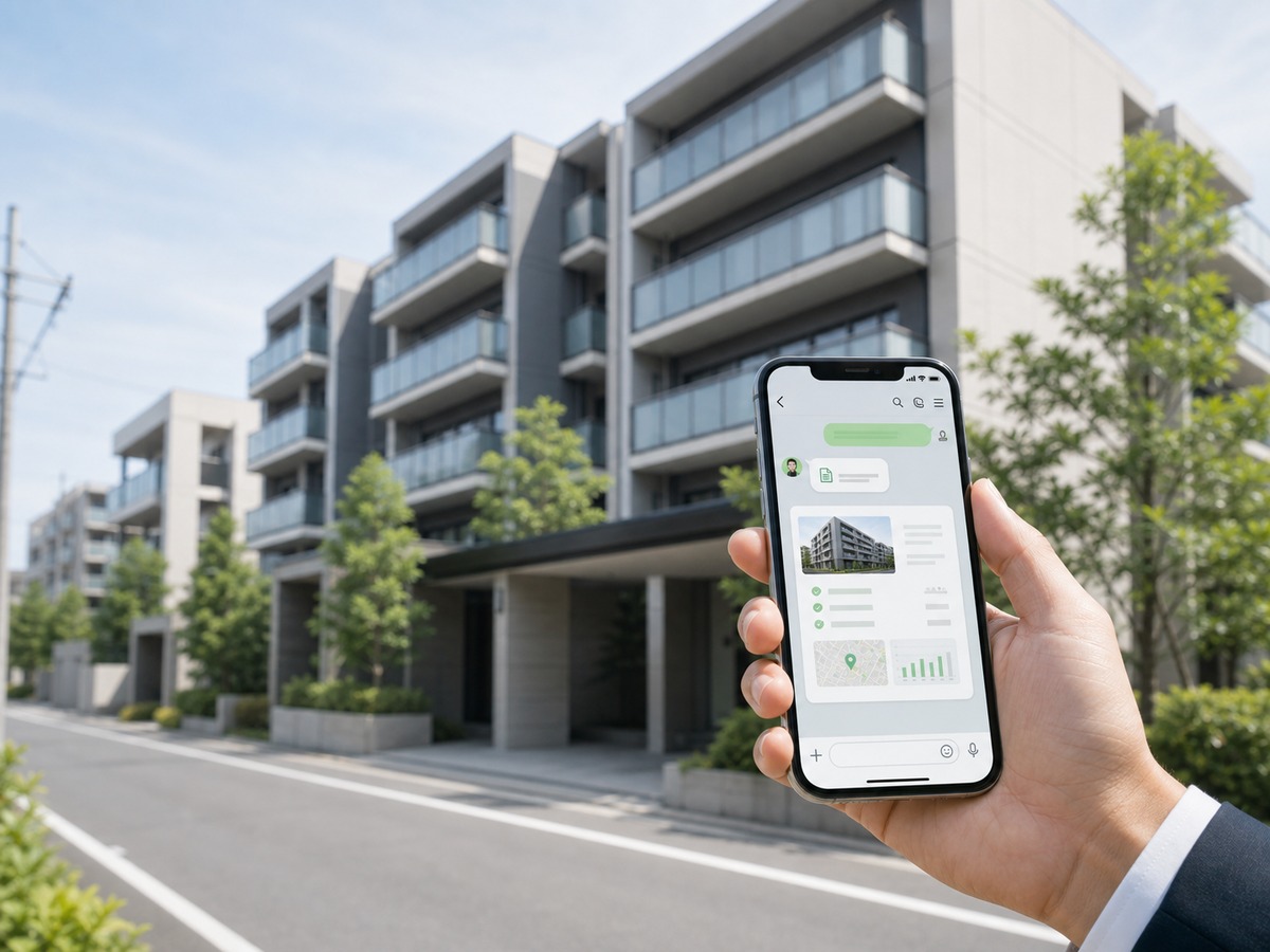 物件前でスマホの査定結果を確認する様子